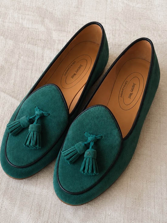 journey west Shoes - Journey West Emerald Green Suede Tassel Loafers Size 7M Quiet Luxury